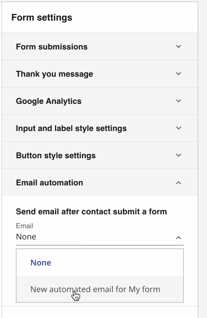 The same form settings panel after returning from the email tab: the Email automation dropdown is open and now offers the newly created automated email alongside None