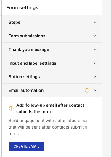 The shipped form settings panel: an Email automation section headed add follow-up email after contact submits the form, a short explanation, and a Create Email button