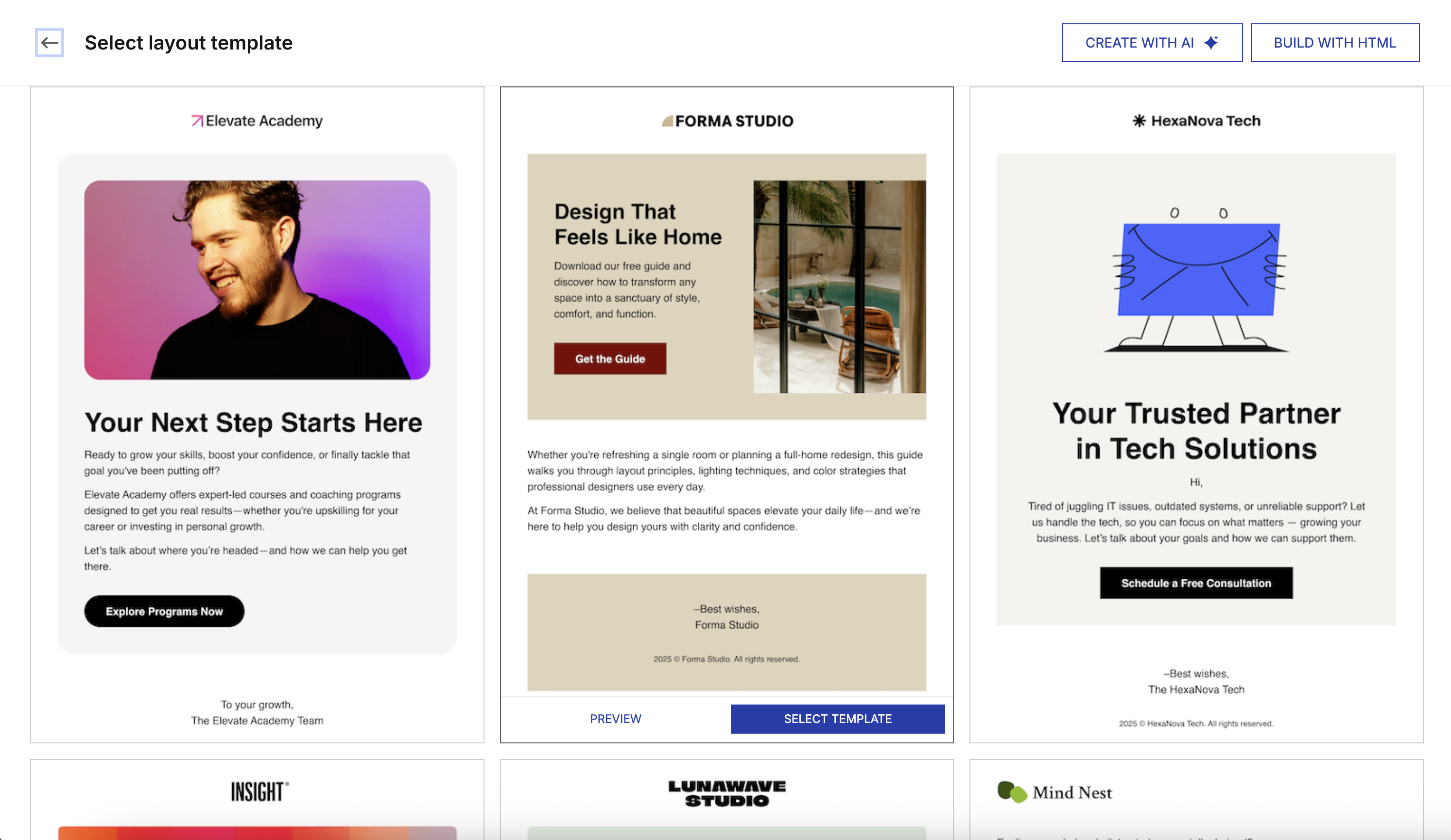 The select layout template screen: a grid of starter email templates for different fictional brands, with create with AI and build with HTML as alternative starting points