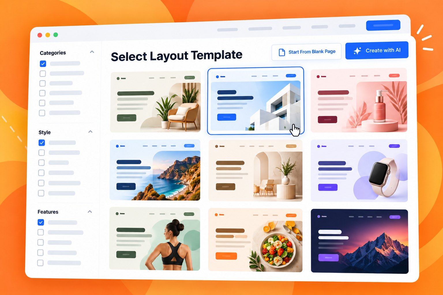 Illustration: a template library with category, style and feature filters beside a curated grid of page templates