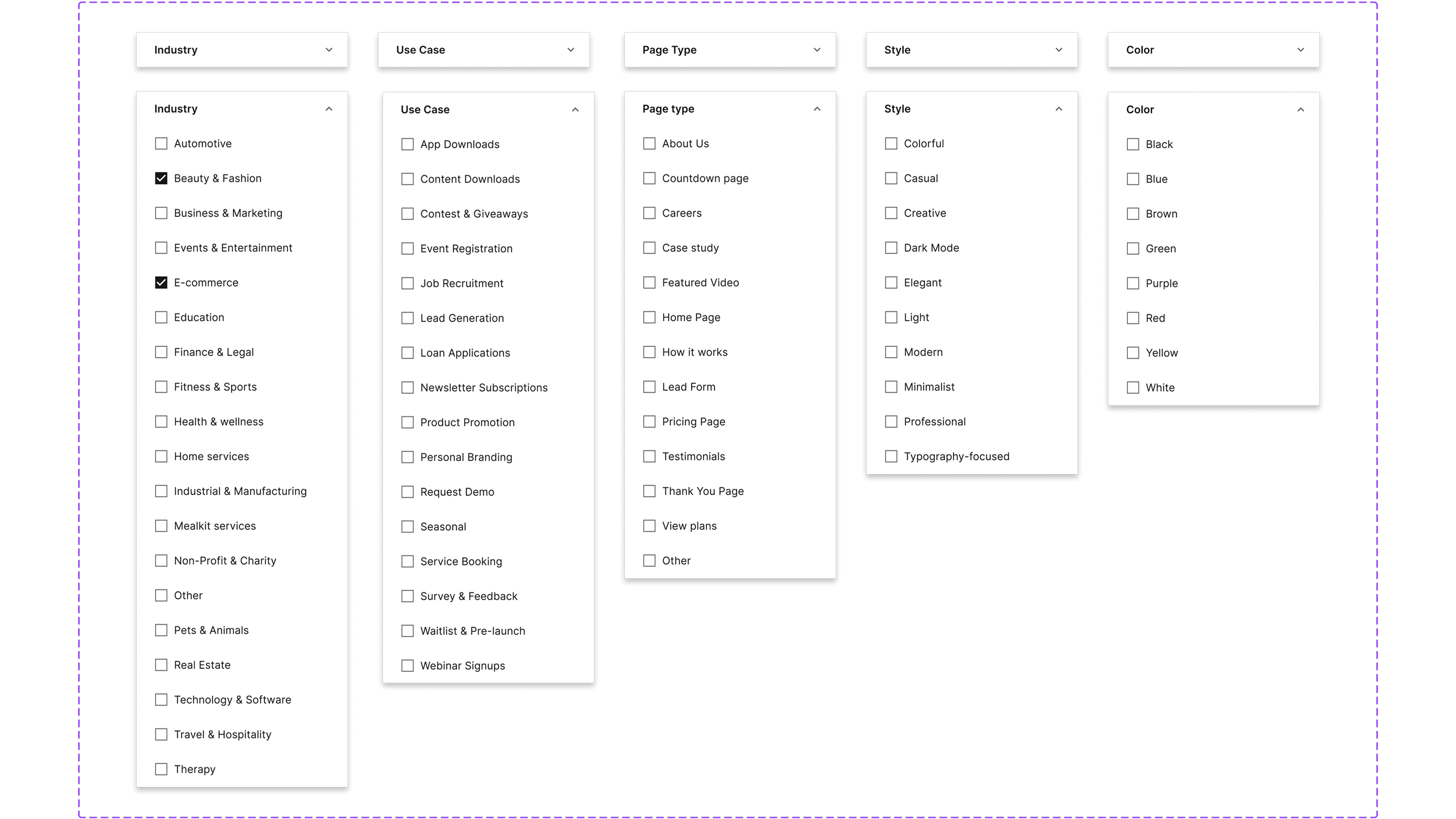 Filter panel showing five axes (Industry, Use Case, Page Type, Color, Style), multi-select within each, two-tier categories, Clear all anchored