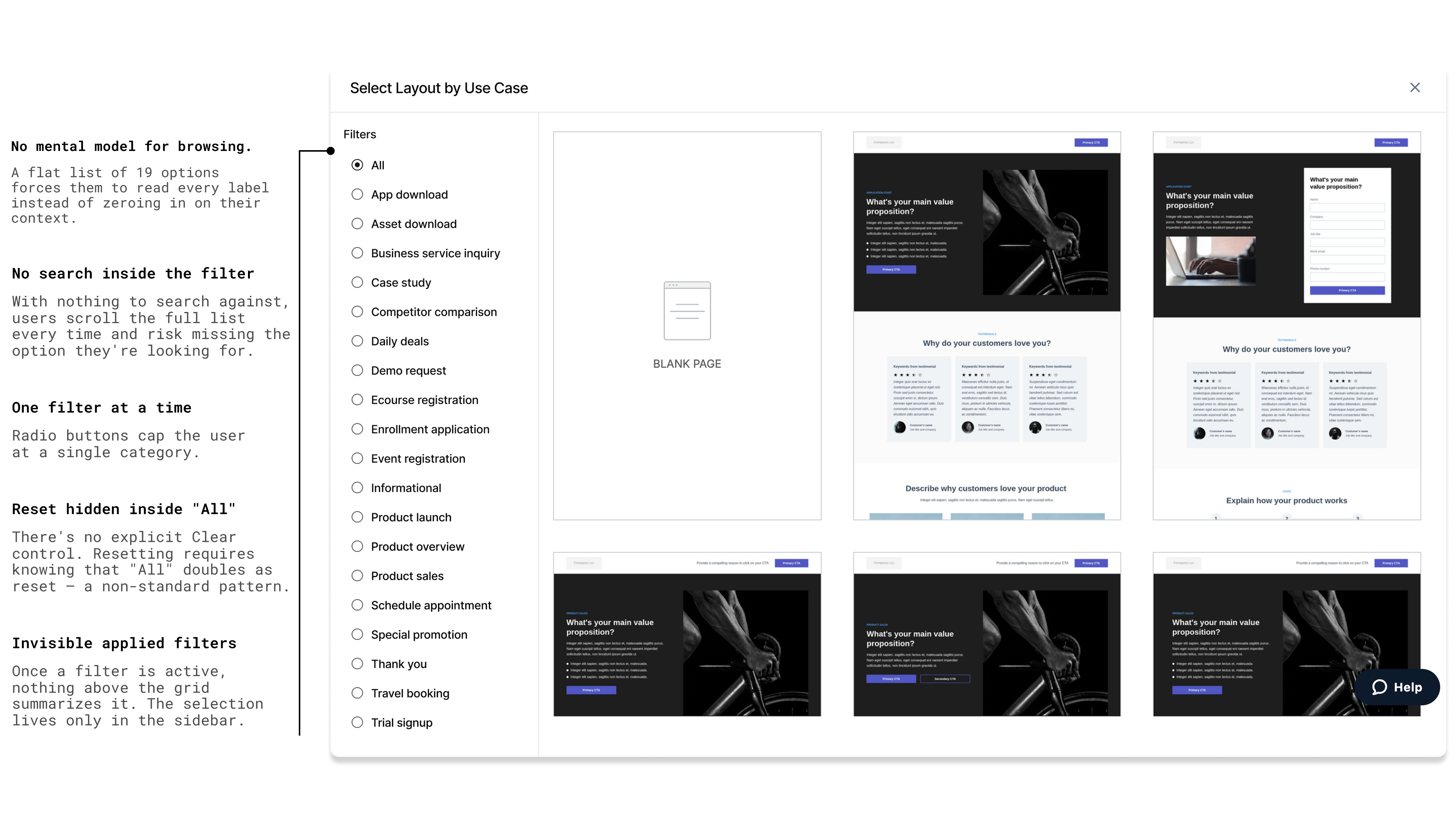 The original template library: a flat grid of thumbnails with no filters, no grouping, no visible ordering logic — just a wall of layouts