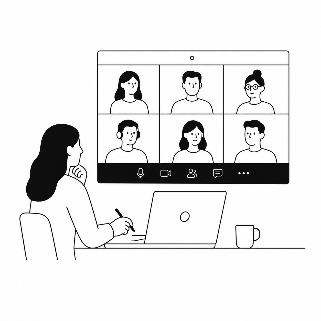 Illustration of a moderator taking notes at a laptop during a video call with six participants