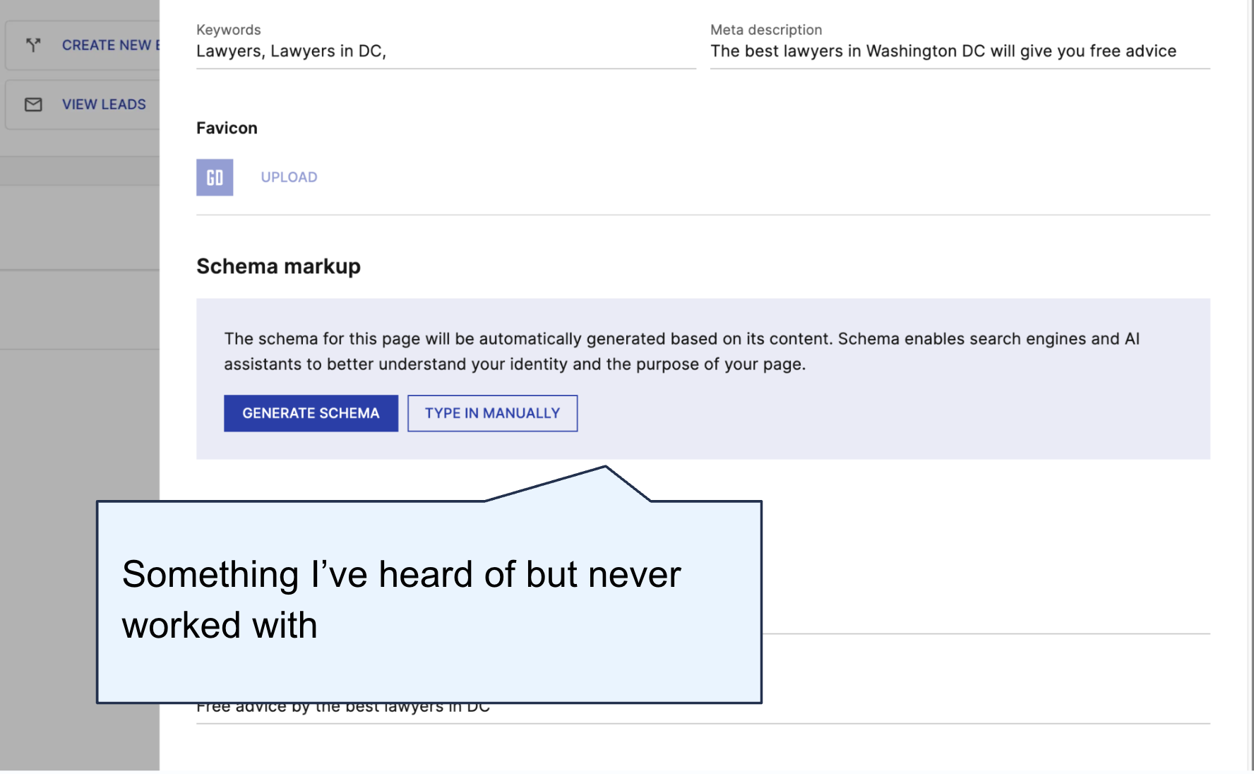 The schema markup section of the product with Generate schema and Type in manually buttons, annotated with a participant quote: something I have heard of but never worked with