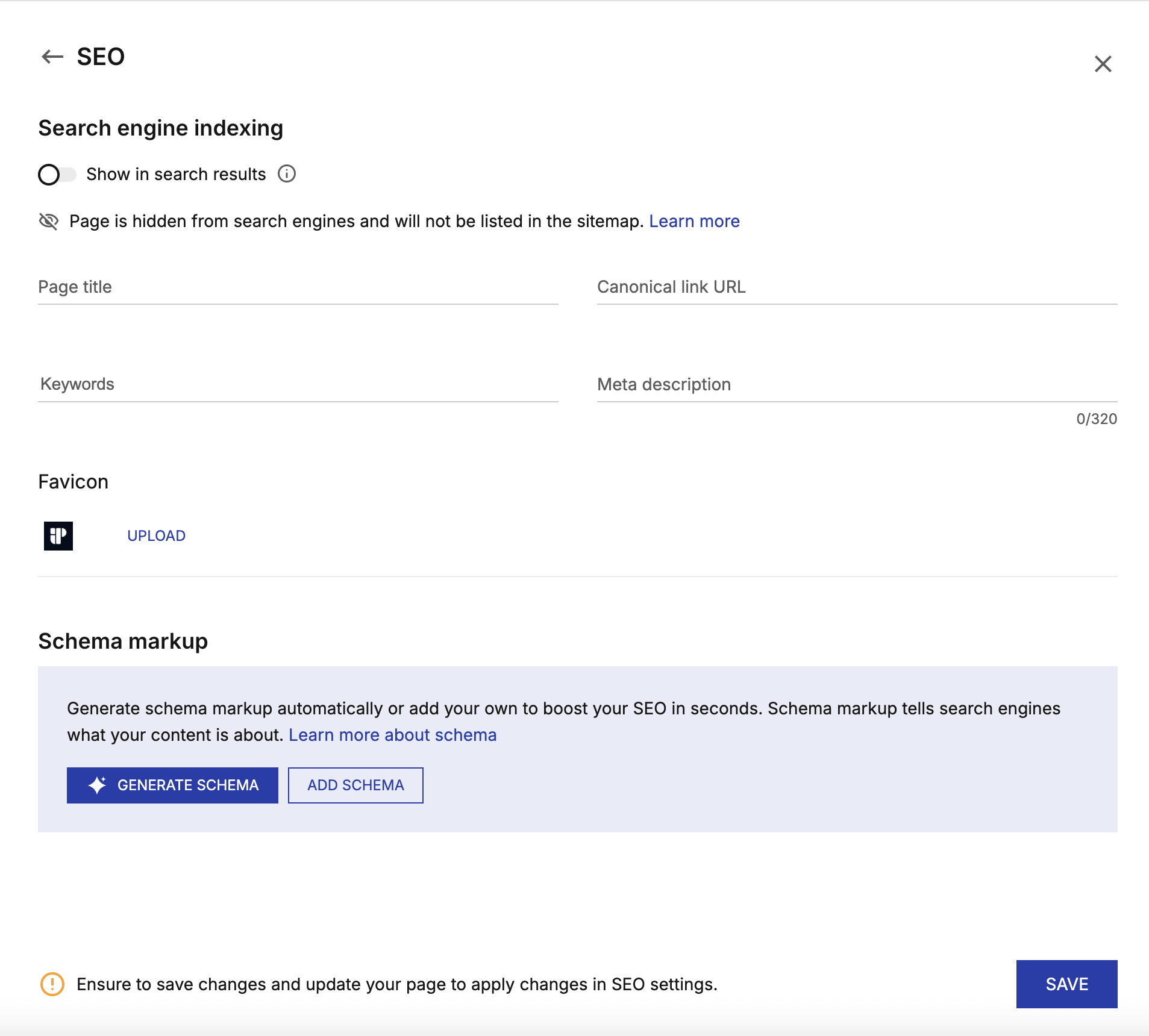 The SEO settings panel in the shipped product: a schema markup section with a short explanation, a learn-more link, and two buttons — Generate schema and Add schema