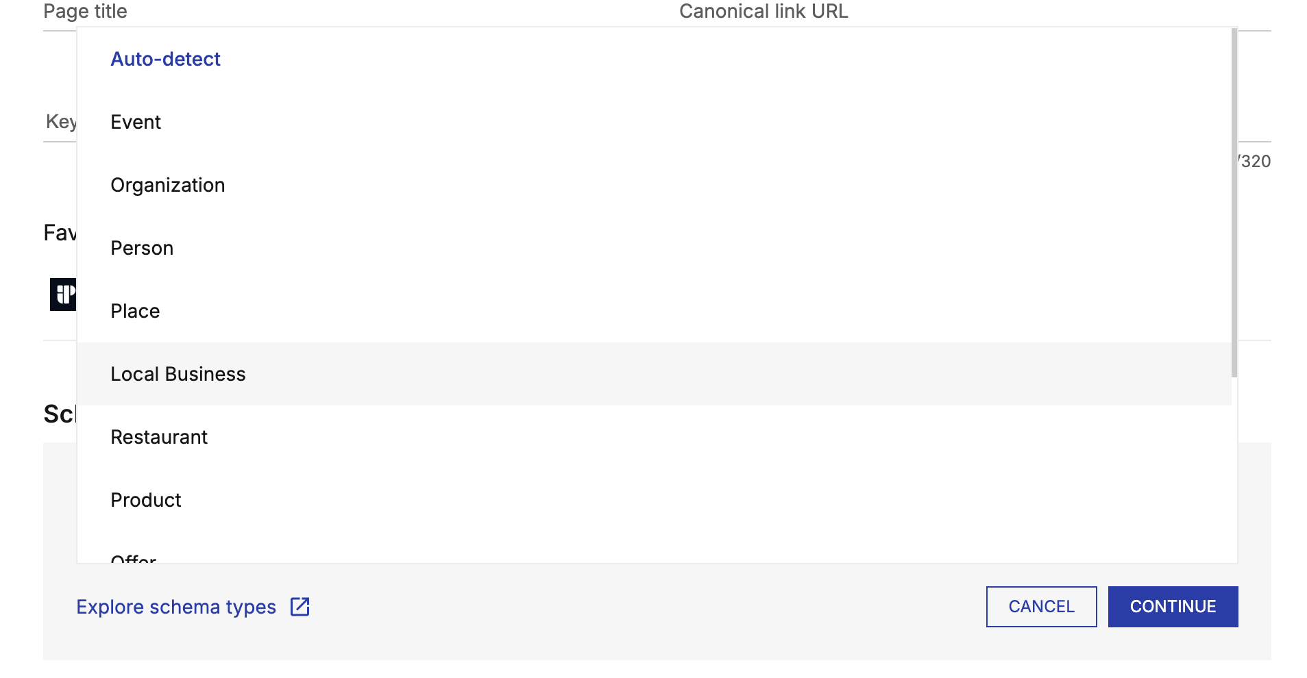 The shipped schema type picker open, listing Auto-detect, Event, Organization, Person, Place, Local Business, Restaurant, Product and Offer, with an explore schema types link