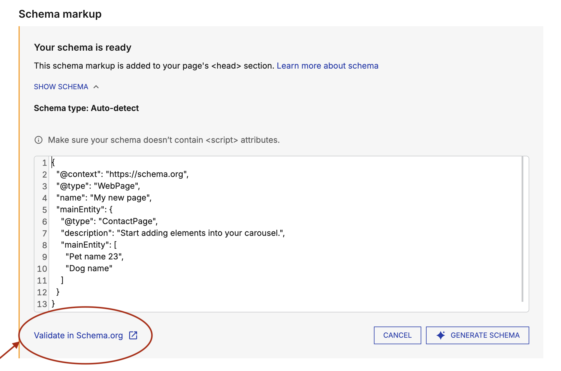 The shipped review panel with the Validate in Schema.org link circled, alongside the preventive note about script attributes
