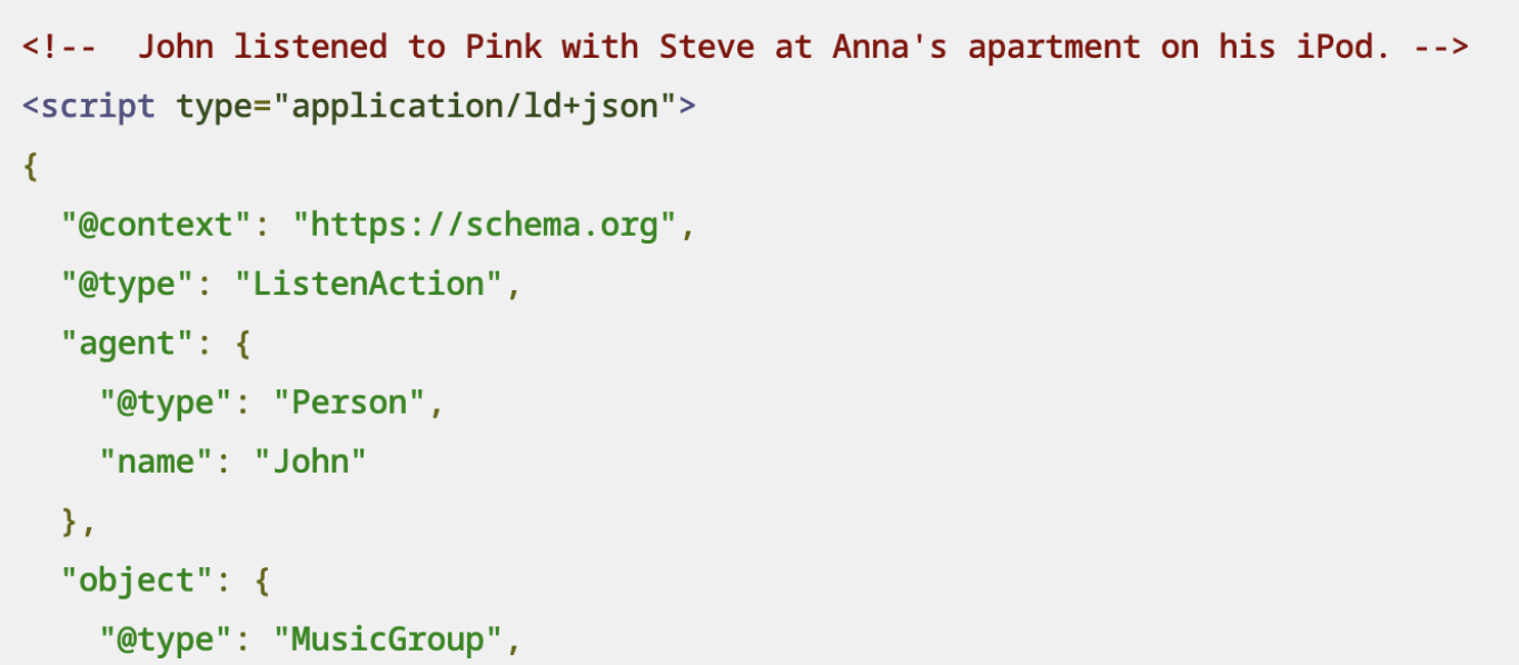 A JSON-LD schema block wrapped in a script tag, describing a person, a music group, a location and a product as structured properties