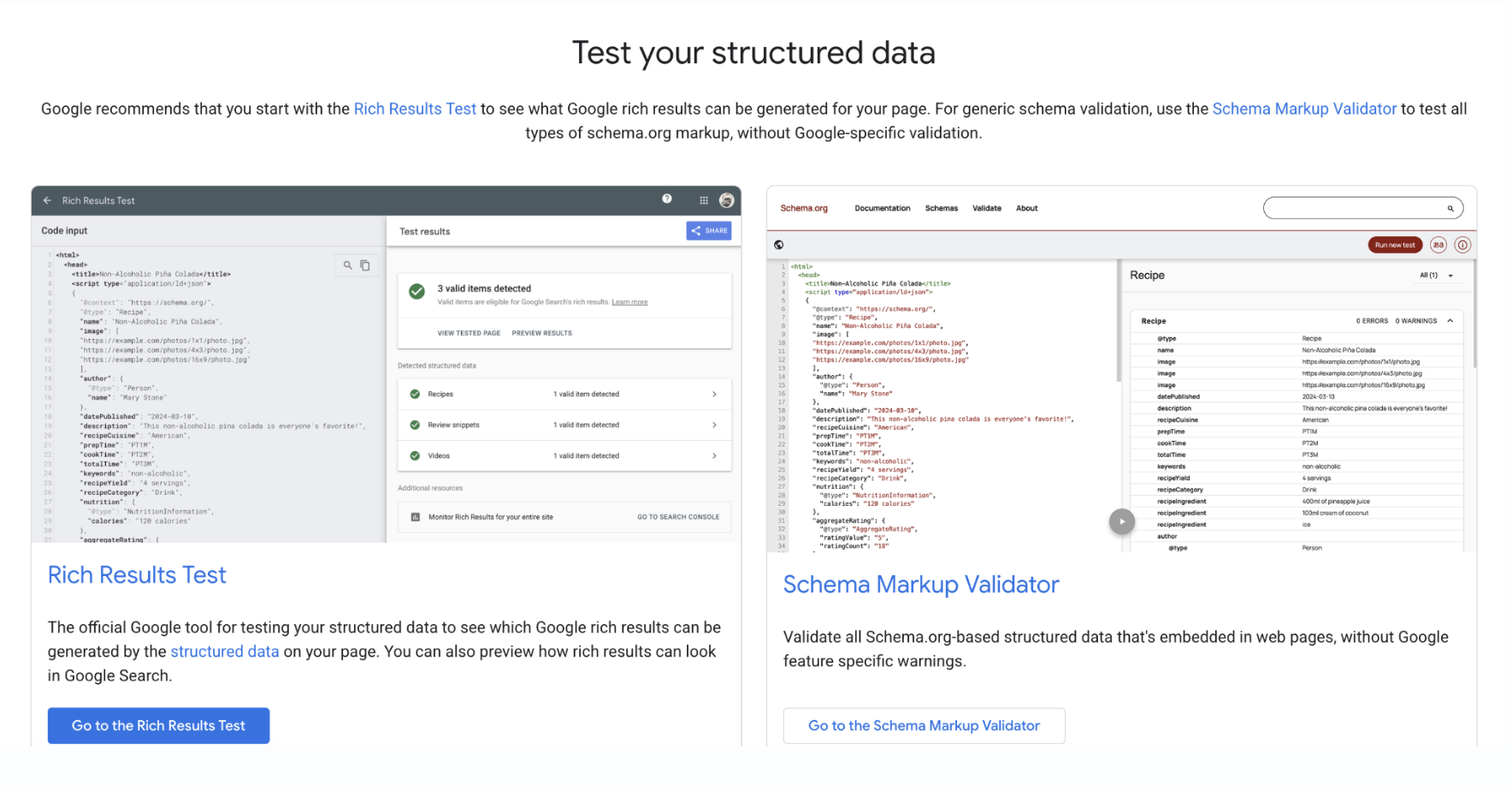 Google's Rich Results Test and the Schema Markup Validator