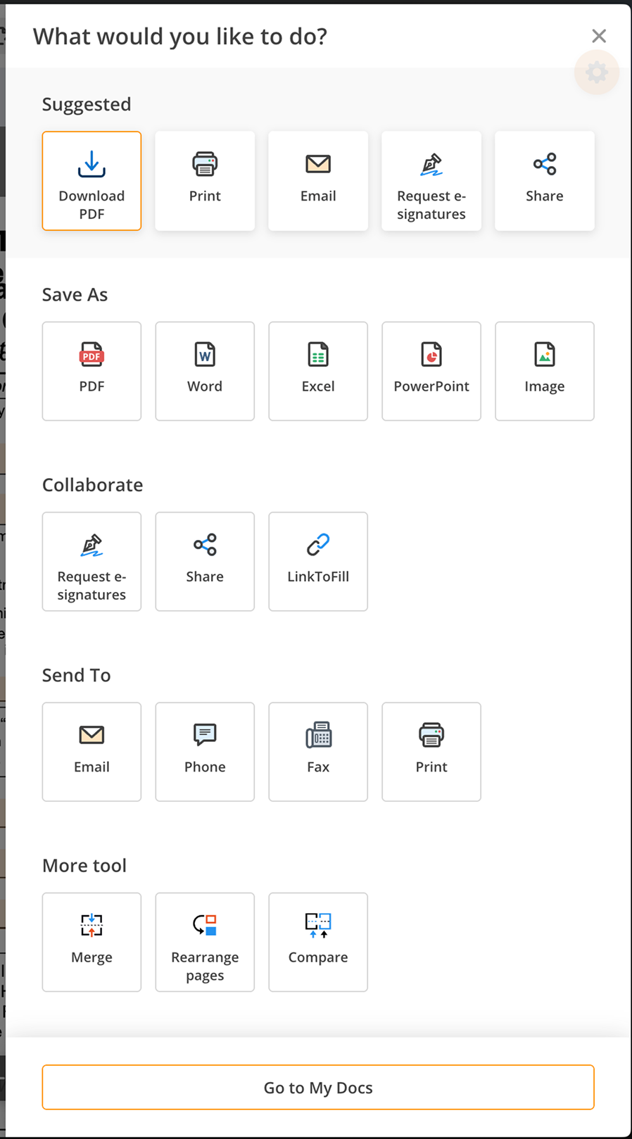 The original Choice modal: seventeen equally weighted tiles arranged in five sections — Suggested, Save As, Collaborate, Send To, More tool — with Go to My Docs as the footer CTA