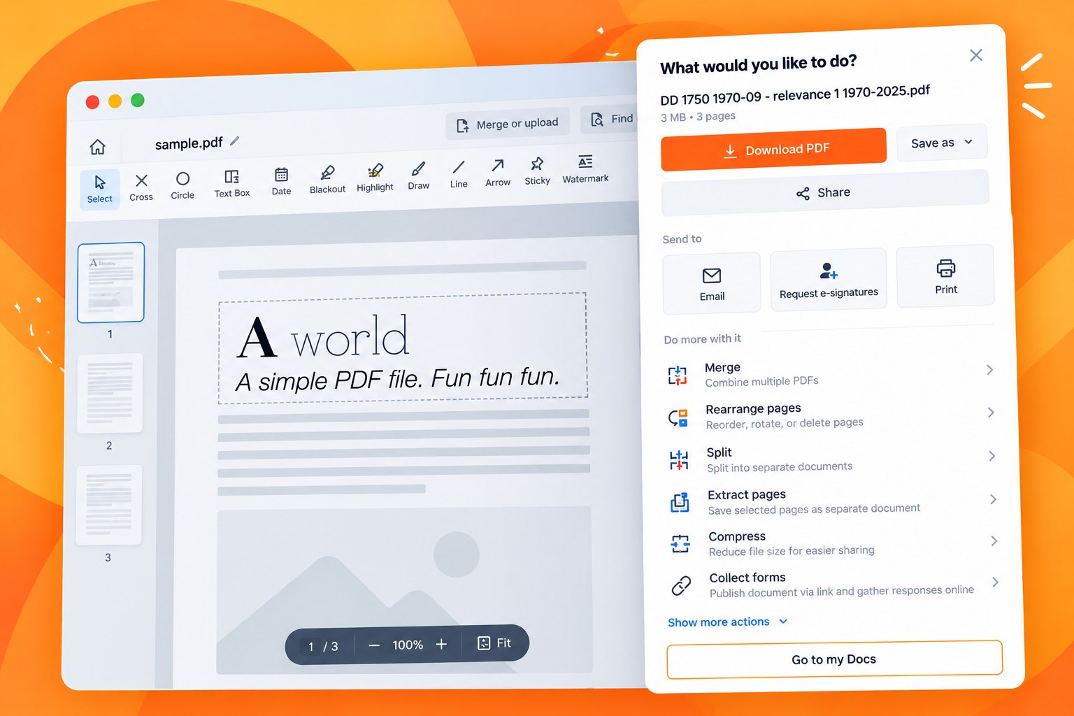 Illustration: a PDF editor with the redesigned What would you like to do panel beside the document