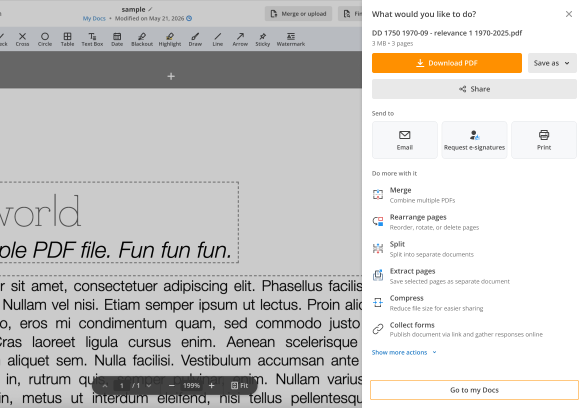 The redesigned Choice panel: a document title and size, an orange Download PDF button with a Save as dropdown beside it, a Share button, a Send to section with Email, Request e-signatures and Print, a Do more with it list of Merge, Rearrange pages, Split, Extract pages, Compress and Collect forms, a Show more actions toggle, and a Go to my Docs footer
