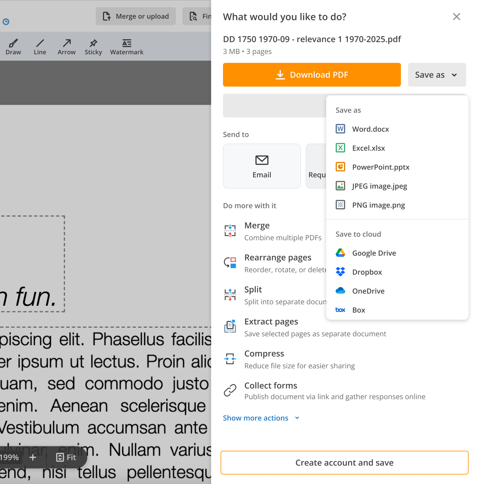 The Save as dropdown open, listing Word.docx, Excel.xlsx, PowerPoint.pptx, JPEG image and PNG image under a Save as heading, then Google Drive, Dropbox, OneDrive and Box under a Save to cloud heading. The footer of this signed-out variant reads Create account and save.