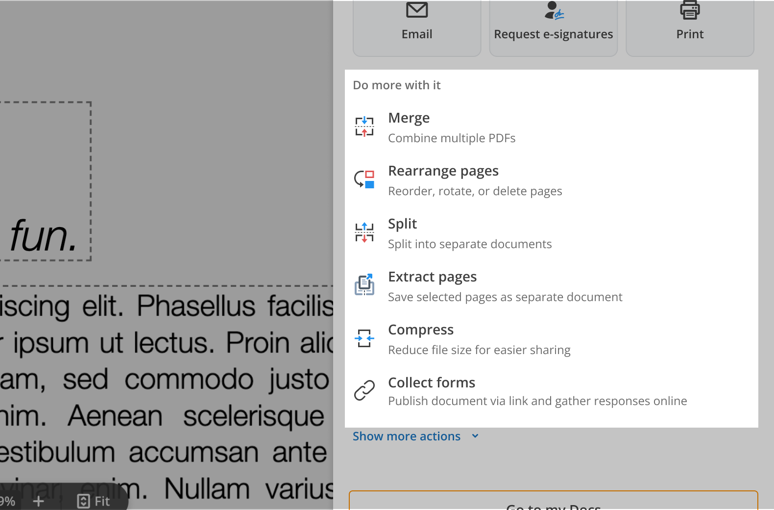The Do more with it section highlighted: Merge (combine multiple PDFs), Rearrange pages (reorder, rotate or delete pages), Split (split into separate documents), Extract pages (save selected pages as separate document), Compress (reduce file size for easier sharing) and Collect forms (publish document via link and gather responses online), above a Show more actions toggle